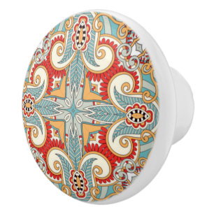 Red Teal Grey Blue Sunny Yelllow Kaleidoscope Art Ceramic Knob