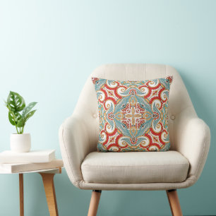 Red Teal Grey Blue Sunny Yelllow Kaleidoscope Art Cushion