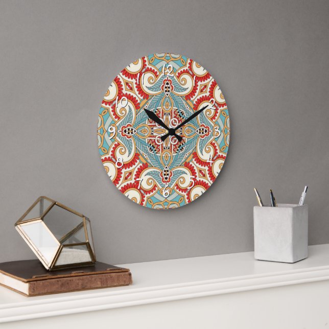Red Teal Grey Blue Sunny Yelllow Kaleidoscope Art Large Clock (Office)