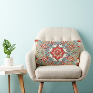 Red Teal Grey Blue Sunny Yelllow Kaleidoscope Art Lumbar Cushion
