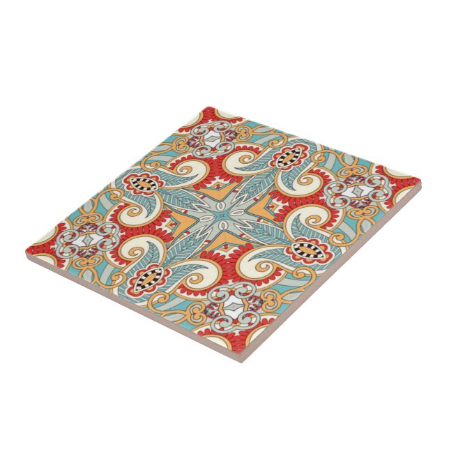 Red Teal Grey Blue Sunny Yelllow Kaleidoscope Art Tile (Side)