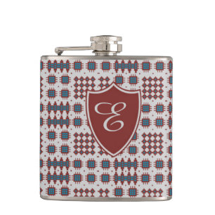 Red, Teal, Grey Welsh Tapestry Monogram Hip Flask