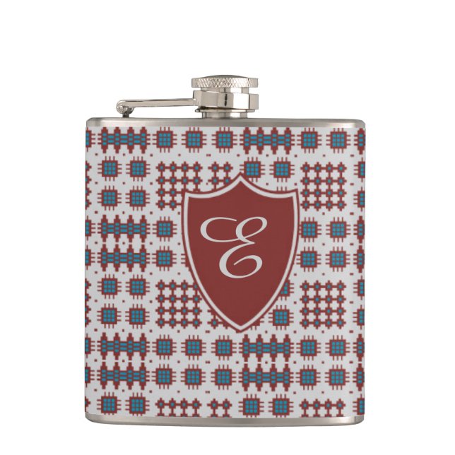 Red, Teal, Grey Welsh Tapestry Monogram Hip Flask (Front)