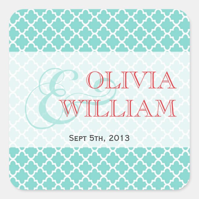 Red teal Moroccan tile ampersand modern wedding Square Sticker (Front)