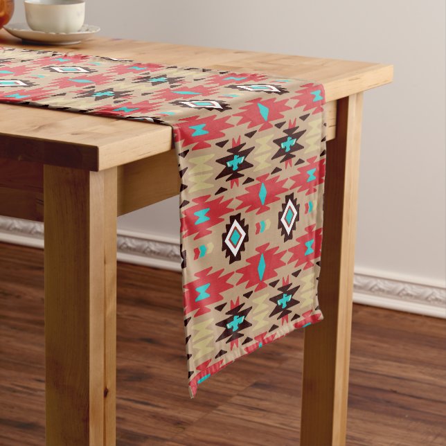 Red Teal Native American Vision Pattern Medium Table Runner (In Situ)