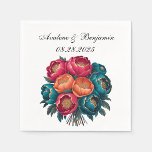 Red Teal Orange Peony Blooms Gold Trim Wedding Napkin