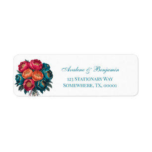 Red Teal Orange Peony Gold Trim Wedding Address Return Address Label