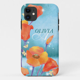 Red Teal Poppy Floral Monogram iPhone 5 Case-Mate 11 Case