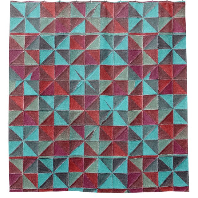 red, teal, purple, and gray quilt shower curtain (Front)