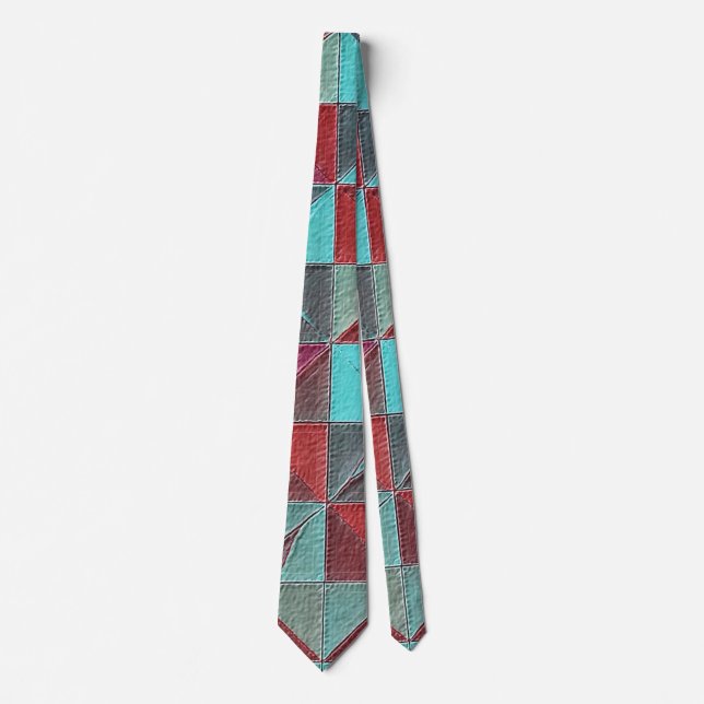 red, teal, purple, and gray quilt tie (Front)