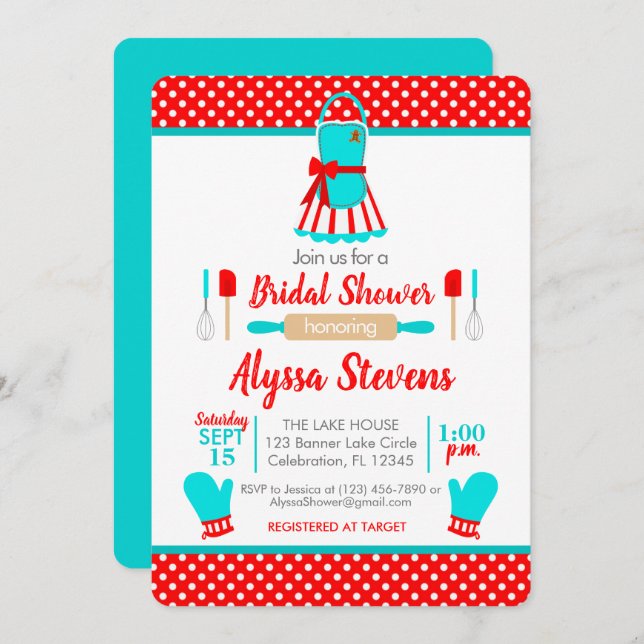 Red & Teal Retro Christmas Kitchen Bridal Shower Invitation (Front/Back)