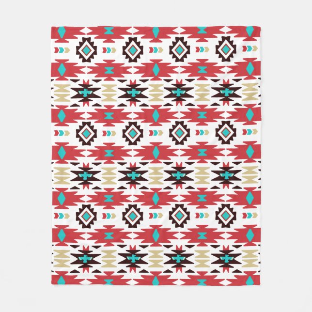 Red Teal White Native American Pattern Fleece Blanket (Front)