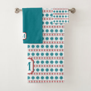Red Teal Winter Snowflake Nordic Pattern Monogram Bath Towel Set