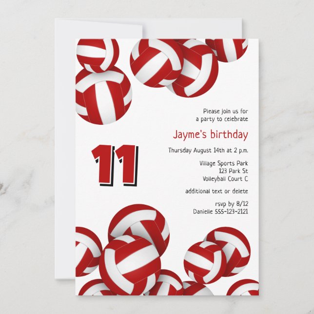 red team colours volleyballs kids birthday invitation (Front)