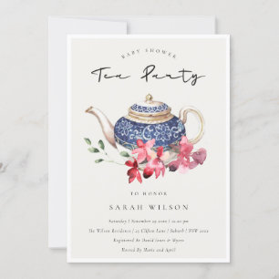 Red Teapot Floral Baby Shower Tea Party Invite