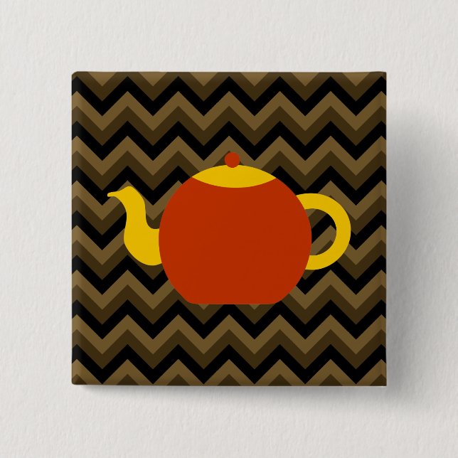 Red Teapot on Brown Zigzags. 15 Cm Square Badge (Front)