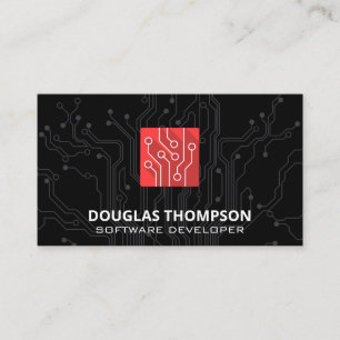 Red Tech Circuit Logo Business Card