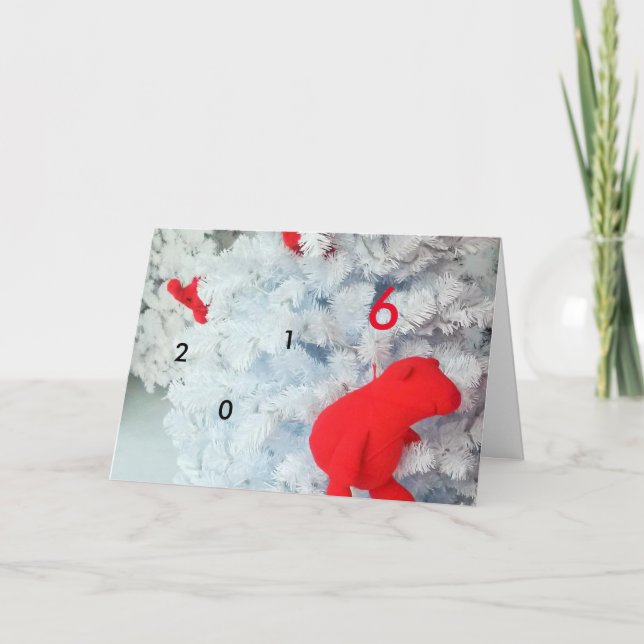 Red Teddy bear in Christmas Tree 2016 Holiday Card (Front)