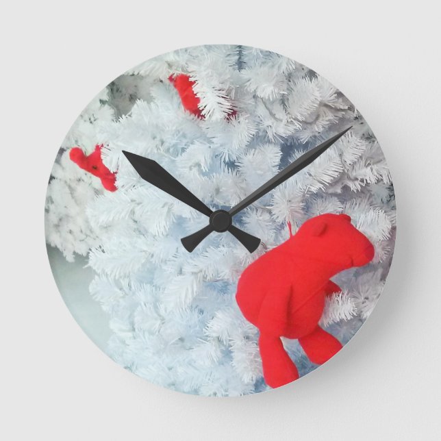 Red Teddy bear in Christmas Tree Round Clock (Front)