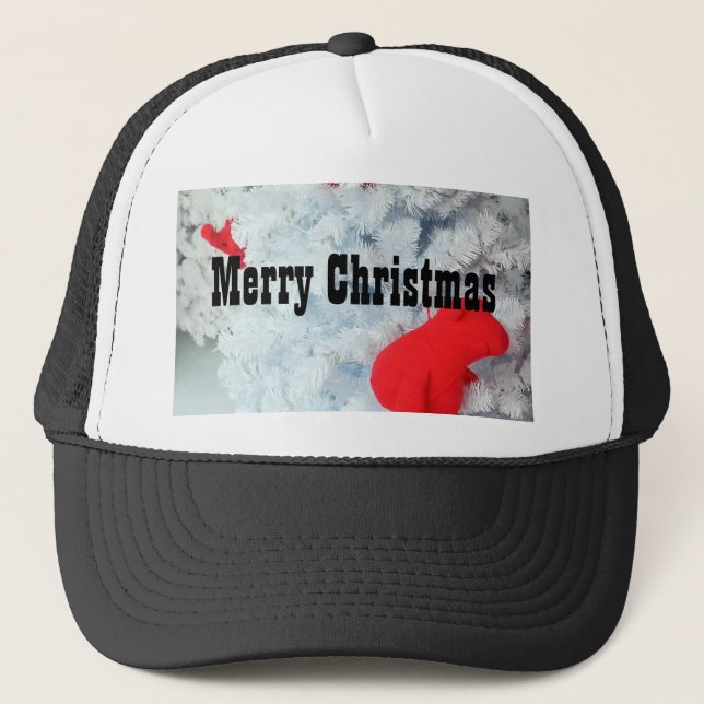 Red Teddy bear in Christmas Tree Trucker Hat (Front)
