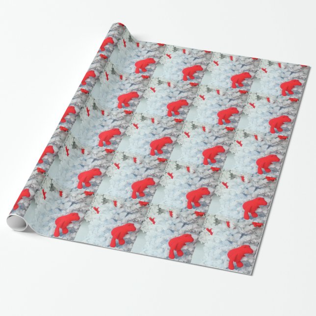 Red Teddy bear in Christmas Tree Wrapping Paper (Unrolled)