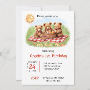 Red Teddy Bear Picnic 1st Birthday Invitation
