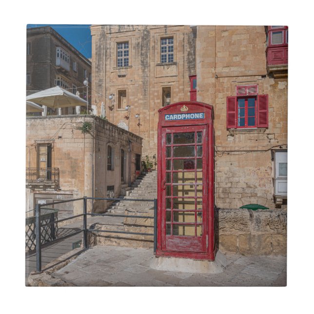 Red telephone booth in Valletta Malta Ceramic Tile (Front)