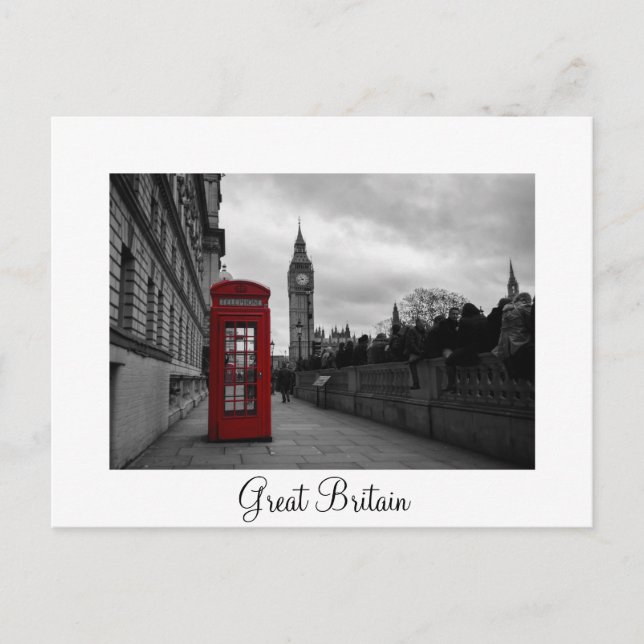 Red telephone box, Britain white text postcard (Front)