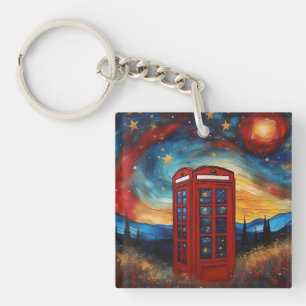 Red Telephone Box On Colorful Starry Night Key Ring