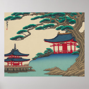Red Temples And Lake Japanese Vintage Ukiyo-e Art Poster