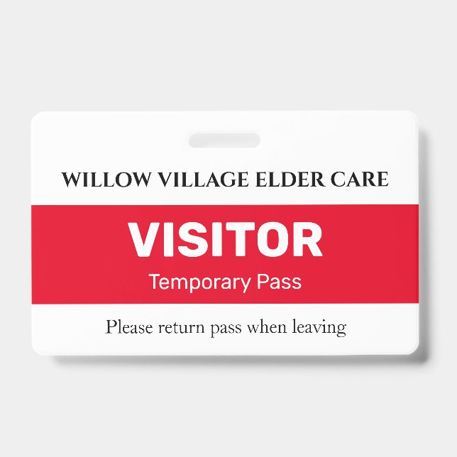 Red Temporary Visitor Pass For Hospital Care Home ID Badge (Front)