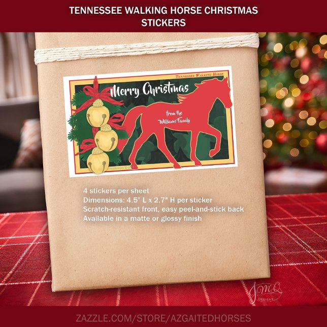 Red Tennessee Walker Horse Christmas Jingle Bells  Rectangular Sticker (Red Tennessee Walker Horse Christmas Jingle Bells Rectangular Sticker)