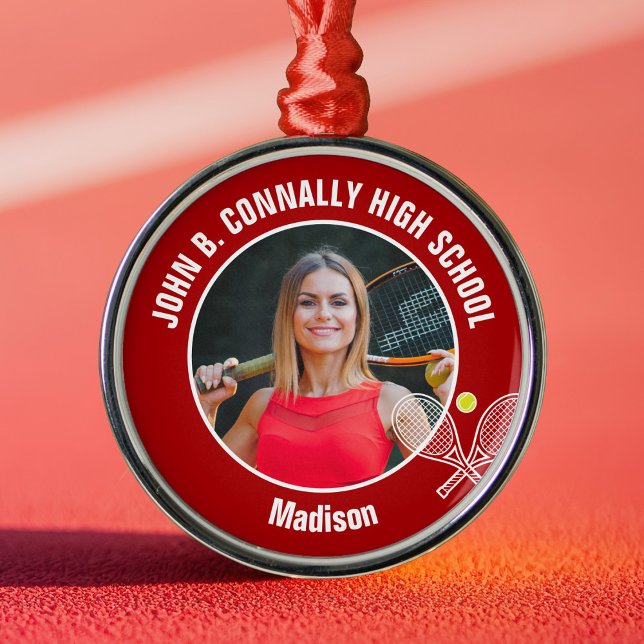 Red Tennis Player Photo High School Christmas Metal Ornament (Creator Uploaded)