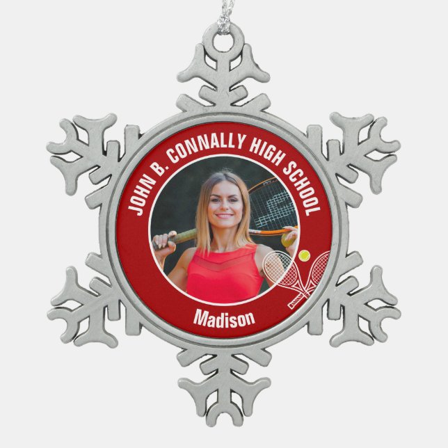 Red Tennis Player Photo High School Spirit Snowflake Pewter Christmas Ornament (Front)