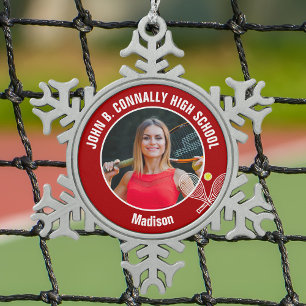 Red Tennis Player Photo High School Spirit Snowflake Pewter Christmas Ornament