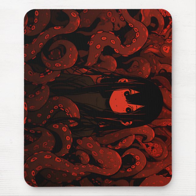 Red Tentacle Horror Anime Girl Mouse Pad (Front)