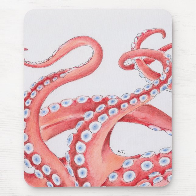 Red Tentacles Octopus Watercolor Mouse Pad (Front)