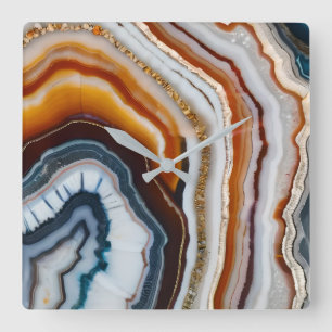 Red Terracotta White Black Blue Gold Agate Geode Square Wall Clock