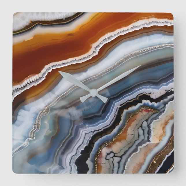 Red Terracotta White Black Blue Gold Agate Geode Square Wall Clock (Front)