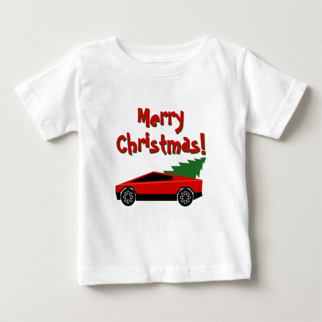 Red Tesla truck hauling a Christmas tree cute Baby T-Shirt (Front)