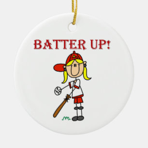 Red Text Batter Up Girls Softball Shirts and Gifts Ceramic Ornament