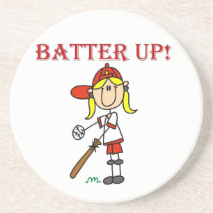 Red Text Batter Up Girls Softball Shirts and Gifts Coaster