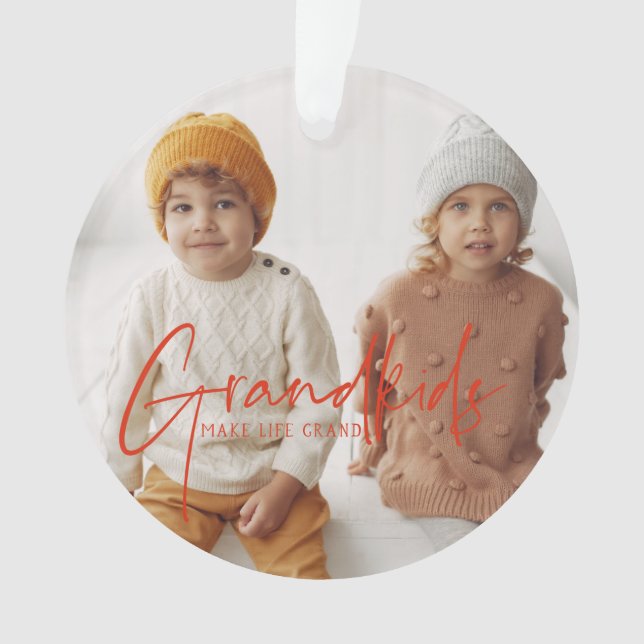 Red Text | Grandkids Make Life Grand Photo Ornament (Front)