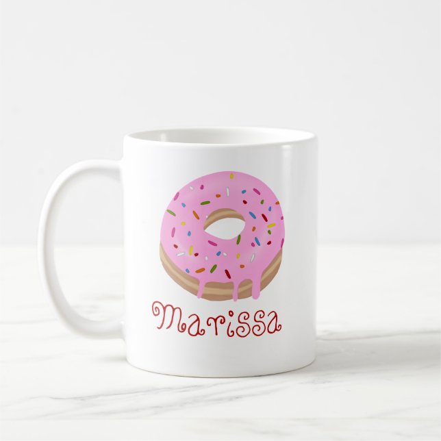 Red Text Pink Sprinkled Doughnut and Name Coffee Coffee Mug (Left)