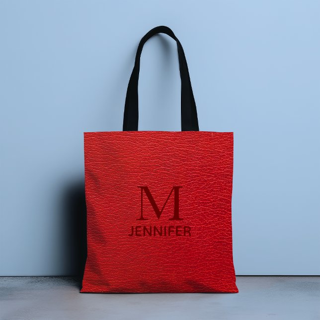 Red Textured Leather Monogram Personalised Name Tote Bag (Creator Uploaded)