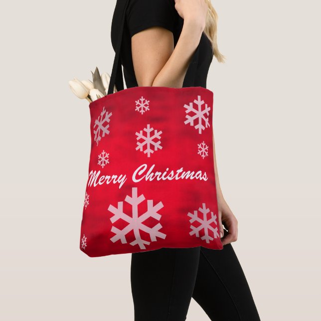 Red Textured Merry Christmas with Snowflakes Tote Bag (Close Up)