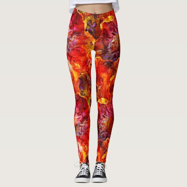 Red Textures Red Floral Abstraction Leggings (Front)