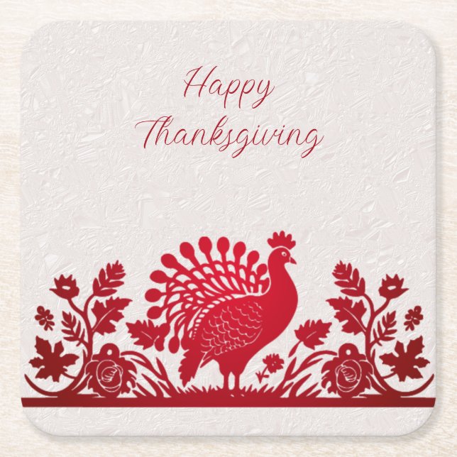 Red Thanksgiving Turkey Floral Paper Coaster (Front)