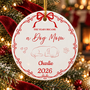 Red The Year I Became A Dog Mum Custom Name Ceramic Ornament