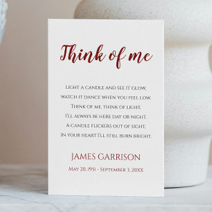 Red Think Of Me Celebration of Life Candle Place Card